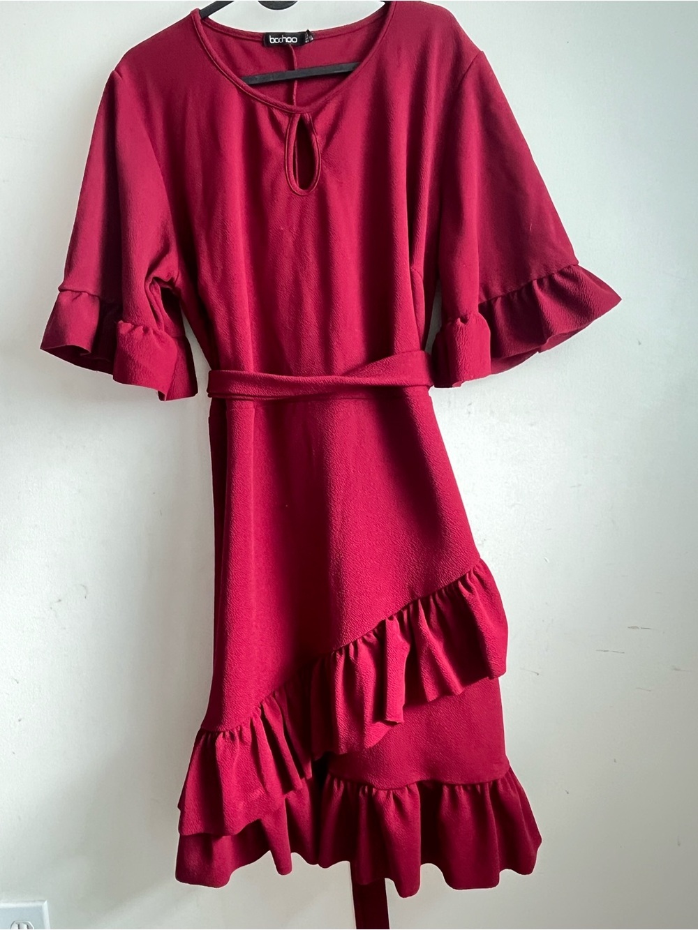 Boohoo Red Ruffle Belted Midi Dress